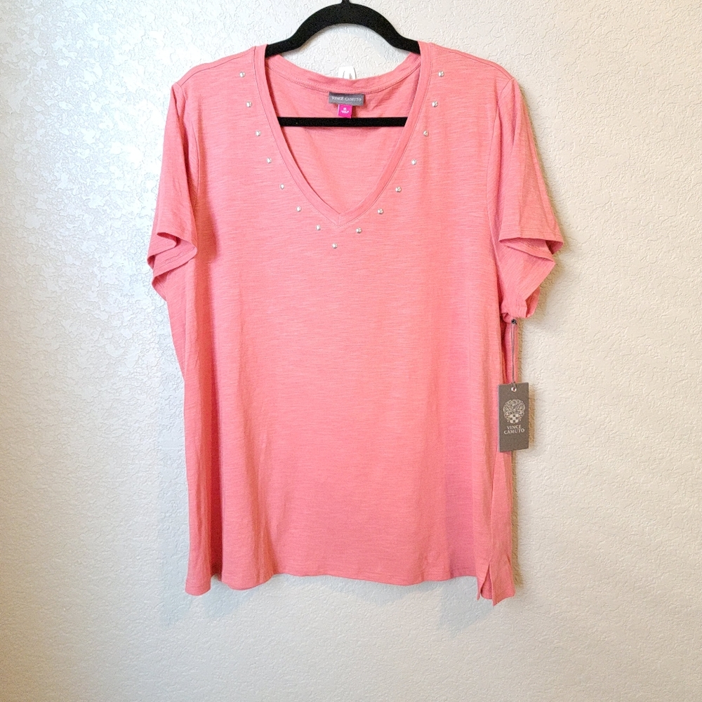 Vince Camuto Studded V-Neck Cotton Blend T-Shirt